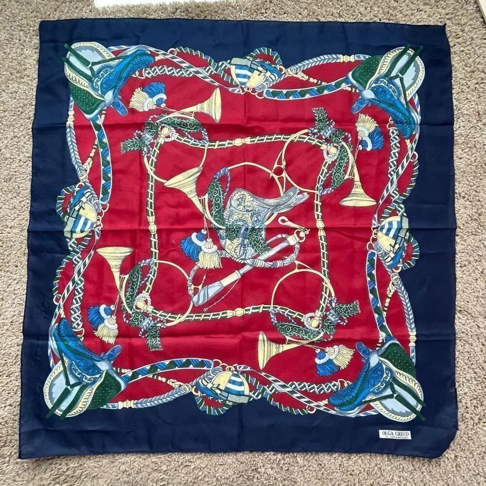 VTG Olga Greco by Disaronno Italian Equestrian Scarf Navy Red 30” Square